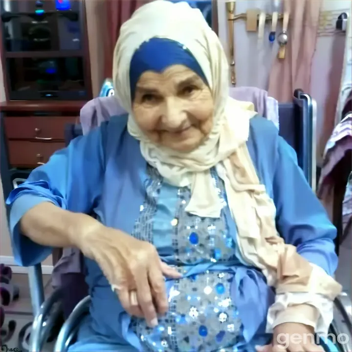 a woman in a blue dress sitting in a chair