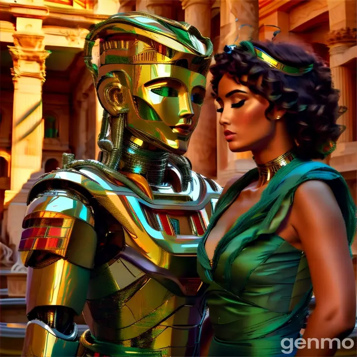a woman in a green dress standing next to a robot