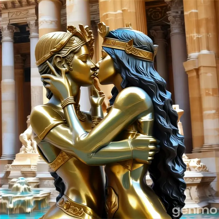 a statue of a couple kissing in front of a fountain