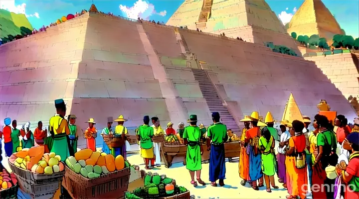 a group of people standing in front of a pyramid