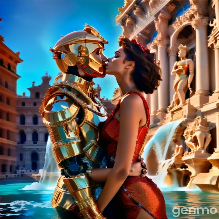 a woman in a red dress kissing a robot