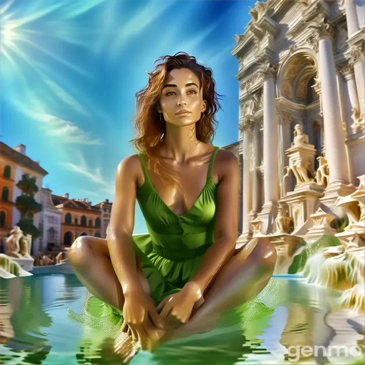 a woman in a green dress sitting in a pool of water