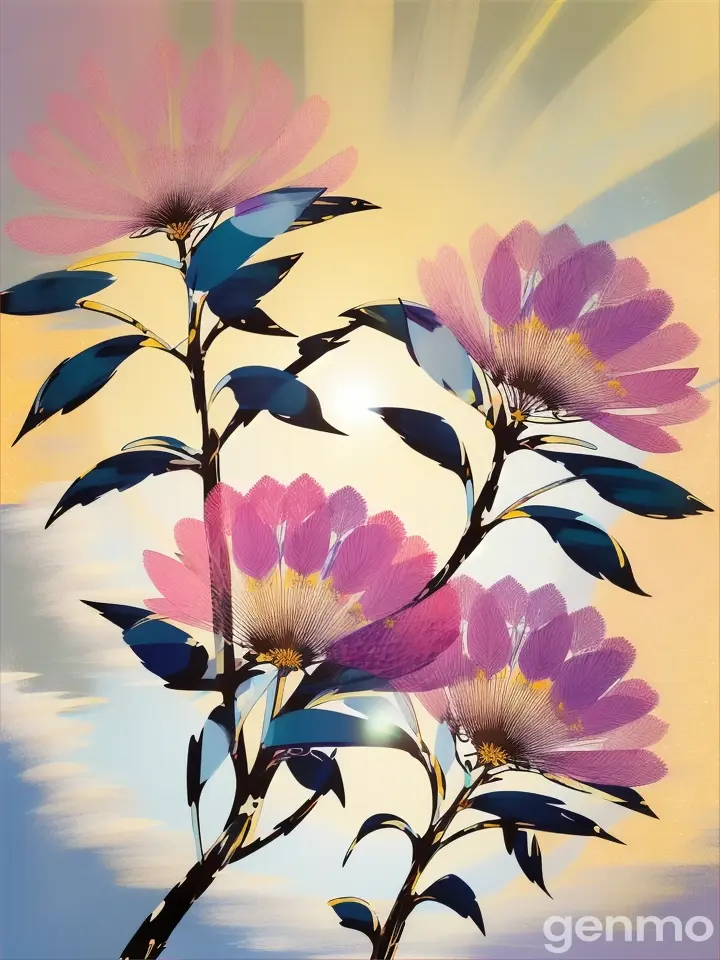 Drawing (brushstrokes with strokes, dashes, blots): sway in the wind three stems stylized  Lagerstroemia indica against a background of blue sky and stylized sun with rays. On an abstract pop art background with spots and strokes in yellow-blue shades. Рисунок (мазки со штрихами, черточками, кляксами): качаются на ветру три стилизованных стебля Лагерстремия индийская на фоне голубого неба и стилизованного солнца с лучами. На абстрактном фоне поп-арта с пятнами и штрихами в желто-синих оттенках.
