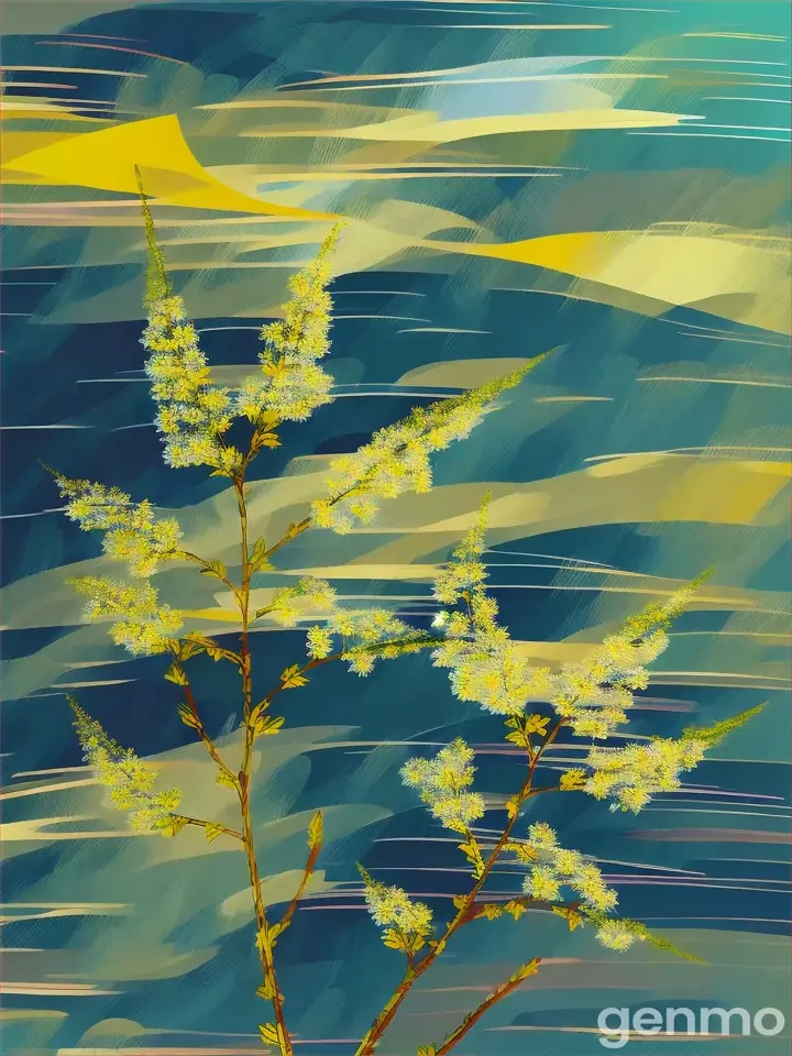 Drawing (brushstrokes with strokes, dashes, blots): sway in the wind three stems stylized  Spiraea against a background of blue sky and stylized sun with rays. On an abstract pop art background with spots and strokes in yellow-blue shades. Рисунок (мазки со штрихами, черточками, кляксами): качаются на ветру три стилизованных стебля спирея на фоне голубого неба и стилизованного солнца с лучами. На абстрактном фоне поп-арта с пятнами и штрихами в желто-синих оттенках.
