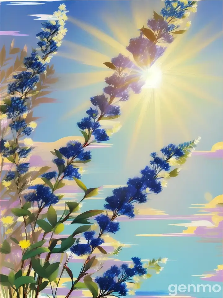 Drawing (brushstrokes with strokes, dashes, blots): sway three stems stylized  Ceanothus against a background of blue sky and stylized sun with rays. On an abstract pop art background with spots and strokes in yellow-blue shades. Рисунок (мазки со штрихами, черточками, кляксами): качаются  три стилизованных стебля Цеанотус на фоне голубого неба и стилизованного солнца с лучами. На абстрактном фоне поп-арта с пятнами и штрихами в желто-синих оттенках.