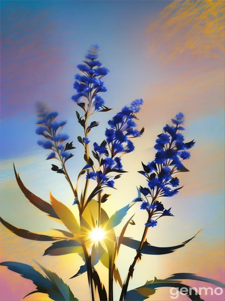 Drawing (brushstrokes with strokes, dashes, blots): sway three stems stylized  Ceanothus against a background of blue sky and stylized sun with rays. On an abstract pop art background with spots and strokes in yellow-blue shades. Рисунок (мазки со штрихами, черточками, кляксами): качаются  три стилизованных стебля Цеанотус на фоне голубого неба и стилизованного солнца с лучами. На абстрактном фоне поп-арта с пятнами и штрихами в желто-синих оттенках.