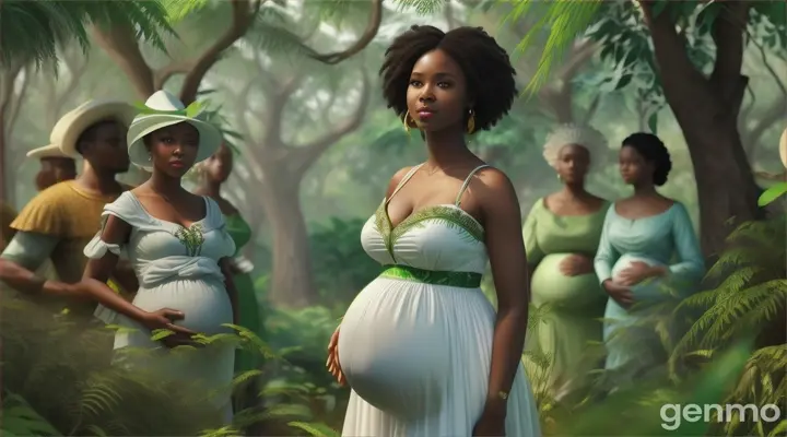 A beautiful African pregnant woman standing,surrounded by people in the green forest. Realist.4k.fantasy 16:9 ratio White dress. Afro hair