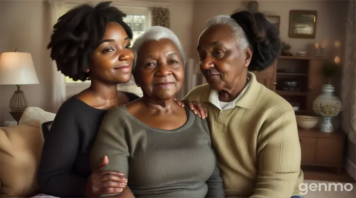 A beautiful curvy young black girl standing with her elderly mother and father in the living room.Realistic. 4k image.16:9 ratio