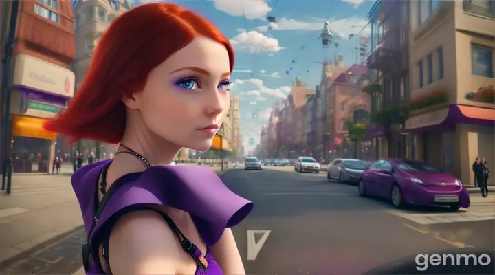 Beautiful realistic girl with red hair and expressive blue eyes, walks forward facing the camera, on the street of a big city in a short purple futuristic strappy sundress, she looks around, around the houses are made of pixels, trees are made of pixels and clouds in the sky are made of pixels.