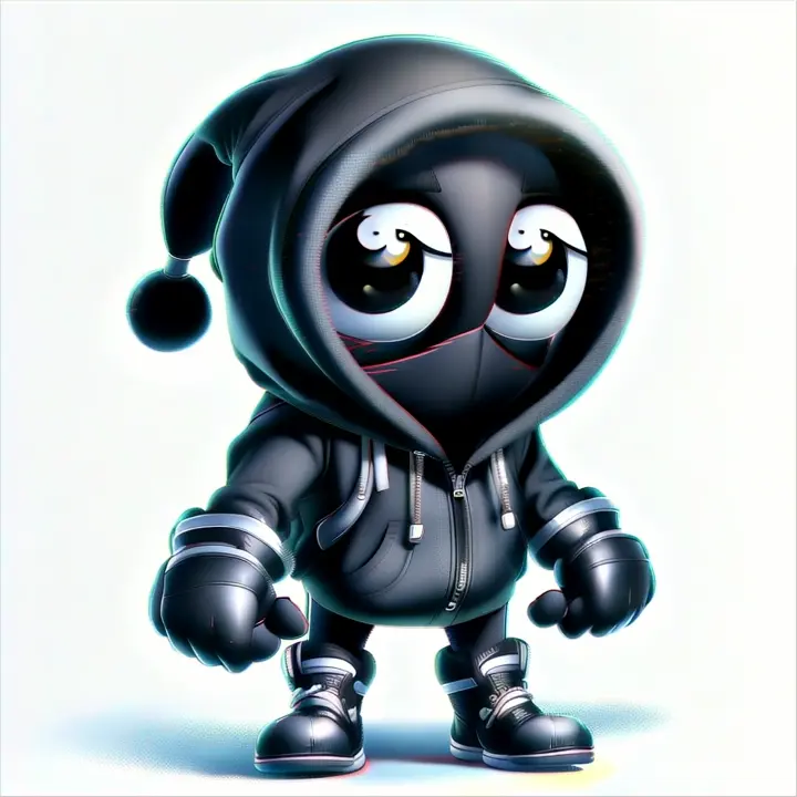 a cartoon character wearing a black hoodie. Have him wave his right hand