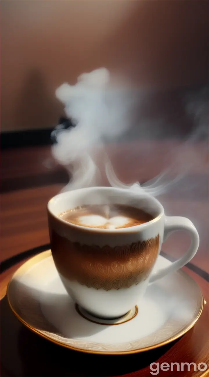 A scene of a luxurious, hot cup of coffee with white smoke rising from it  