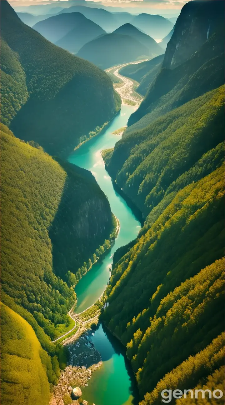 A bird's eye view of a crystal-clear river winding through a lush, green landscape with a majestic mountain range in the background