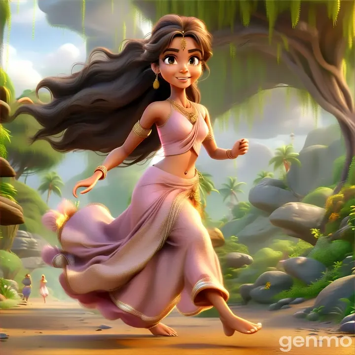 a   happy beautiful  lady wearing  old light pink lehenga and long hair running , bare foot  in a jungle looking  3D animation cartoon 