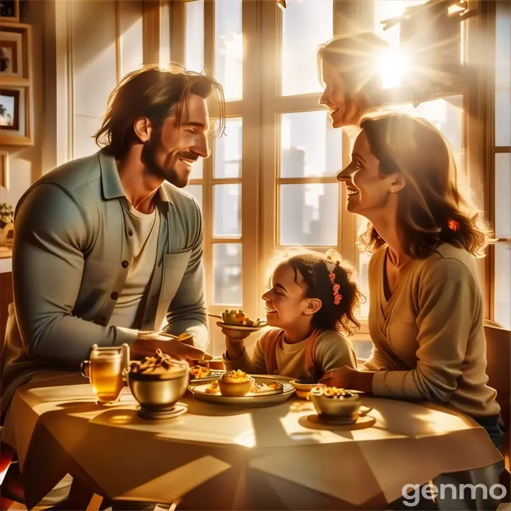 a man, woman and child sitting at a table with a plate of food