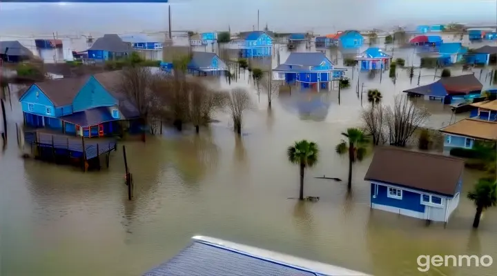 a flooded area with houses and trees in it