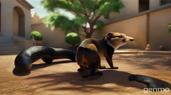 capturing the  view in the courtyard under the tree a  mongoose seeing a black snake who is moving at a distance below the tree, mongoose eyes narrowed and body tense in apprehension of danger. And the mongoose is showing its bravery by standing safely between the snake and the sleeping child. 3D rendering vibrant colors.