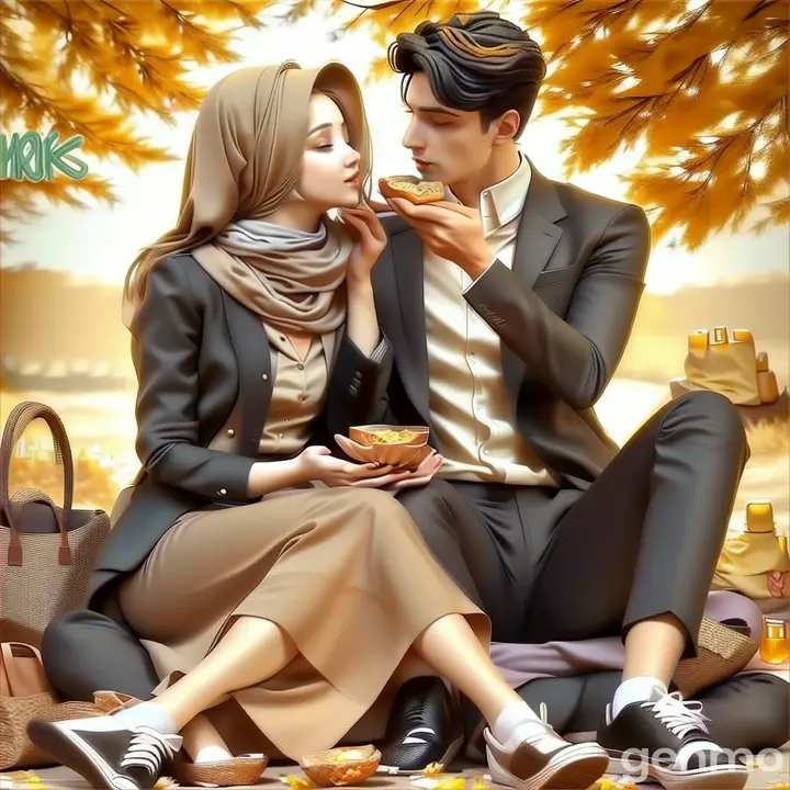 a man and woman sitting on the ground eating food in love