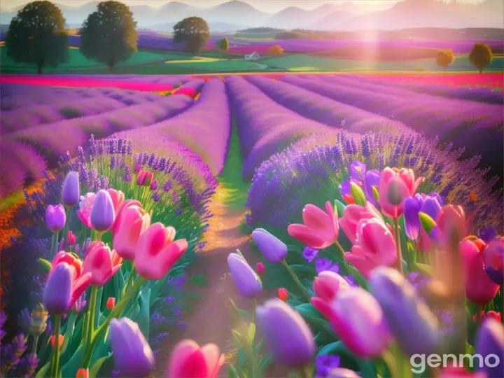 Lavender and Tulip and different flower in field