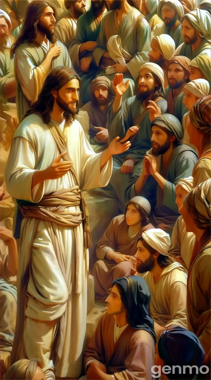 a painting of jesus christ with traditional Jews dress talking to a group of people