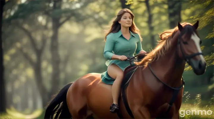 A woman galloping a horse through the forest. The forest is priceless beautiful and the trees are thick. The woman is dressed very beautifully. The woman's hair and the horse's mane dance in the wind.
