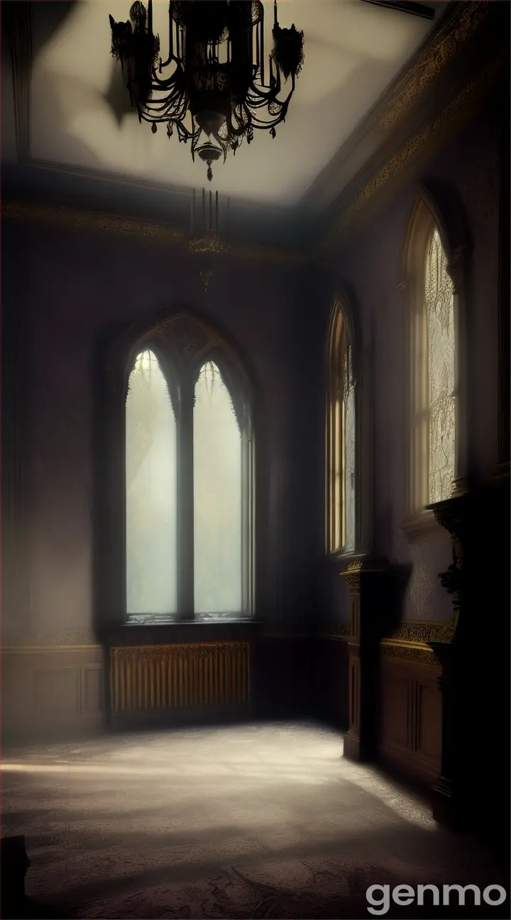 "An old, dilapidated mansion illuminated by a dim light, surrounded by shadows."