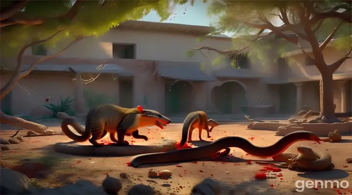 in the courtyard under the tree between the mongoose and snake entangled in a violent struggle, highlighting the intensity and ferocity of the fight. mongoose sustaining vounds  injuries blooding but continuing to fight with relentless determination.. 3D rendering vibrant colors.