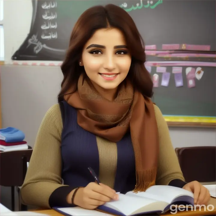 ترجمة نص باستخدام الكاميرا
A beautiful woman with a cut in her hair, wearing a brown scarf, explaining in a school class, smiling 9:16