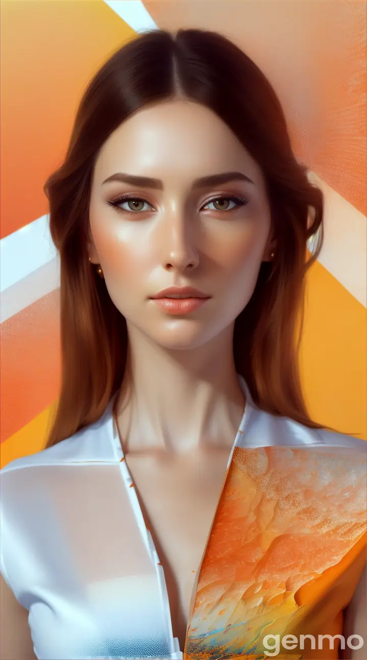 Imagine a hyper - realistic beautiful woman. 
The background is white filled with orange shapes, creating a vibrant and dynamic backdrop for the woman. 
The shapes should be varied and abstract.
The lighting should be even, ensuring all elements of the image are clearly visible.  Use a high - resolution 16k camera with a 9:16 aspect ratio, 
a version 5. 1 style set to raw, and a quality setting of 2. 