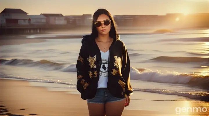 A hyper-realistic image of a sad, unhappy, woman with black hair, wearing sunglasses, a hoodie, and jeans shorts, walking on a European beach. She has intricate tattoos covering her entire body, including her face. The atmosphere is nostalgic and overwhelming, with a warm, golden-hour lighting that casts long shadows and highlights the details of her tattoos. The beach is serene, with gentle waves lapping at the shore and a vintage boardwalk in the background