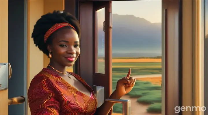 African SAYS SHHH WITH HER FINGER CROSSED OVER HER MOUTH AS SHE HAPPILY OPENS THE DOOR TO THE FEMALE CHEF mum open the door for an african female chef on a landscape aspect ratio of 16.9. the 