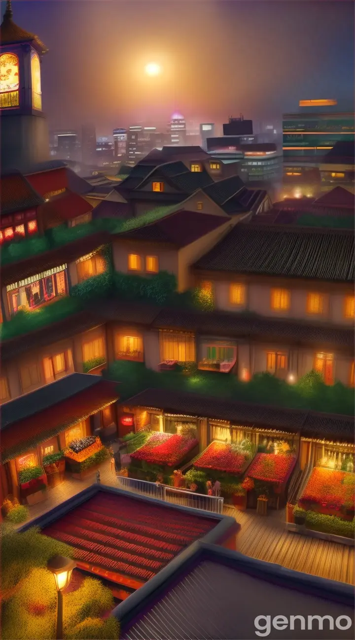 Lush rooftop garden overlooking a bustling night market, vibrant and lively, digital painting