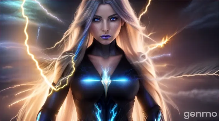 Create a hyper-realistic fantasy image of a young woman emerging from lighting and sparkling hair, with visible blue veins, who looks like a worlock. Exposion of rocks, destruction by tornado The scene should be dynamic with intricate details, featuring photorealistic textures, dramatic lighting, and vivid colors. Use a cinematic style with high contrast and sharp focus. Gray details