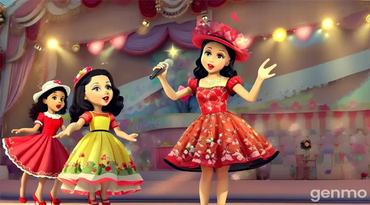 !Doña Rosa (3D cartoon) floral dress and elegant hat and María (3D cartoon) Wears a bright red dress and high heels
Doña Rosa with a microphone next to her voice sings showing Maria how to make Silvido's voice
The crowd watches curiously as Maria tries.