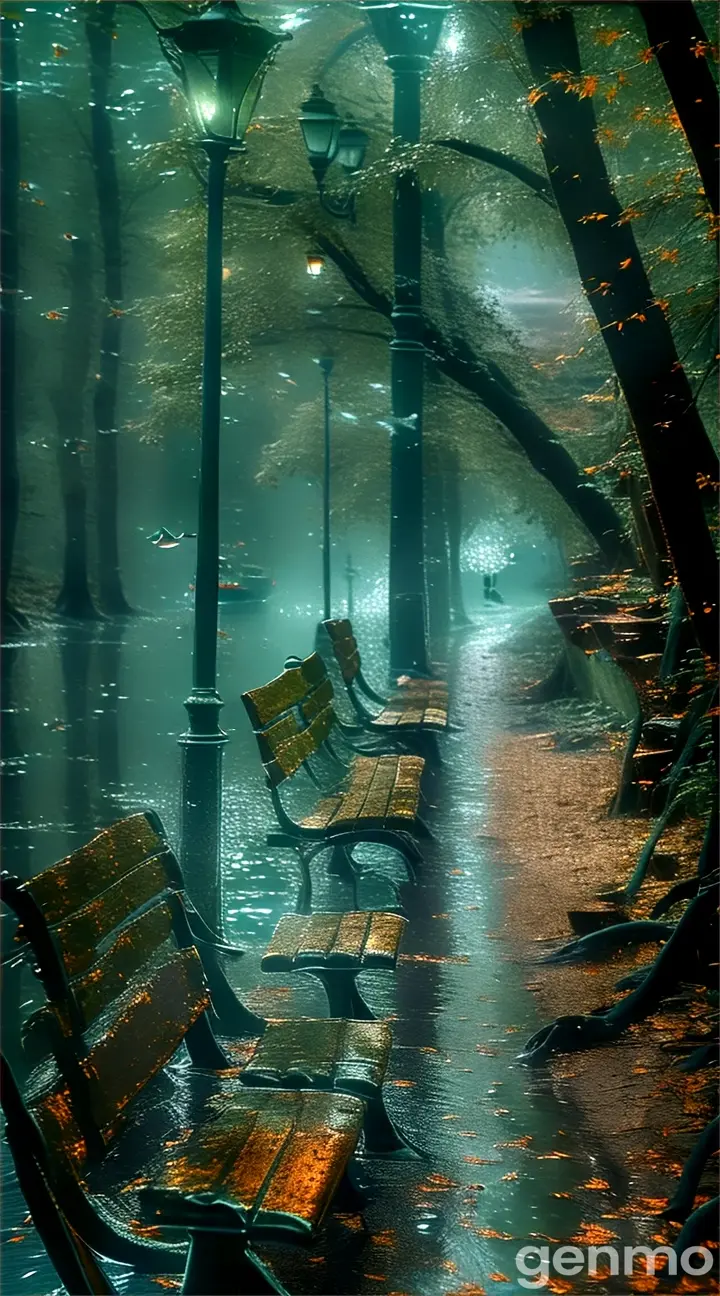 a bench under the water near a lamp post