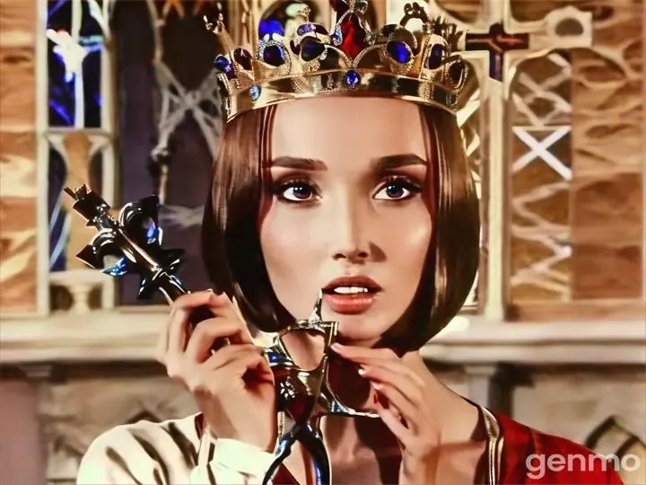 A woman in a crown holding a cross as light streams in through stained-glass windows behind her