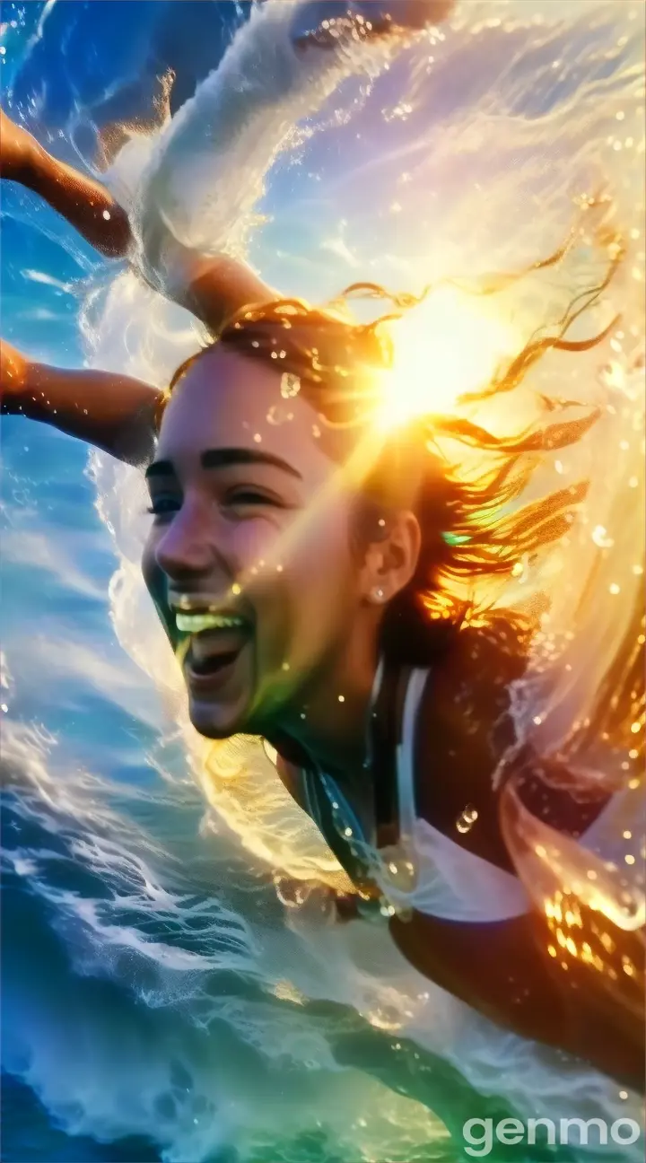 a woman smiles as she rides a surfboard in the ocean