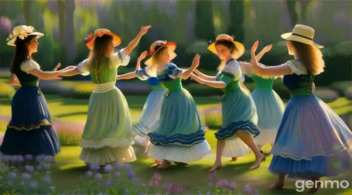 Women dancing in colorful, impressionistic garden landscape with flowing movements and soft brushstrokes