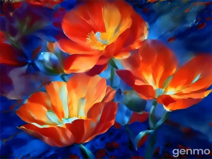 a painting of three orange flowers on a blue background, blurry