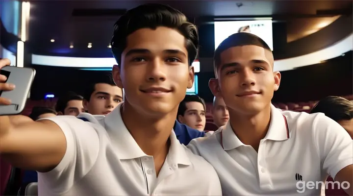 inside the movie theater, a happy young man with slicked back surfer black hair and a young man with buzz cut black hair cut both in white polo shirts taking a selfie with their cell phones in front of  crowd of people