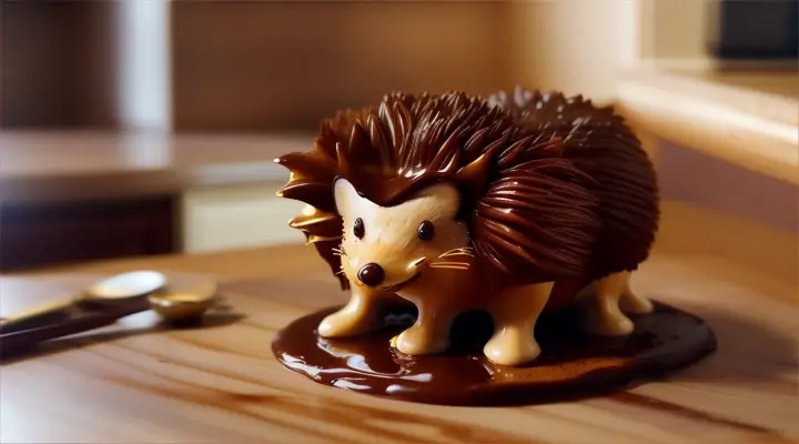 show a piping bag for baking, pour  chocolate on a chocolate hedgehog with a piping bag on a kitchen table