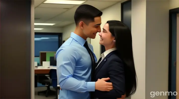 inside the office room, a smiling young man with buzz cut hair cut in sky blue formal shirt and a young woman with long black hair in black business suit with white undershirt hugging each other