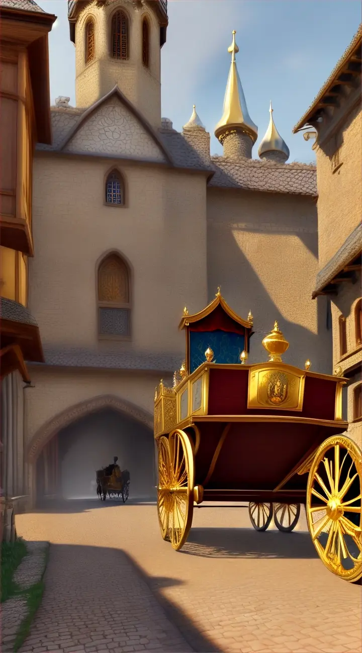 Animate a grand carriage arriving in the village square, with a prince stepping out and being greeted by awe-struck villagers.