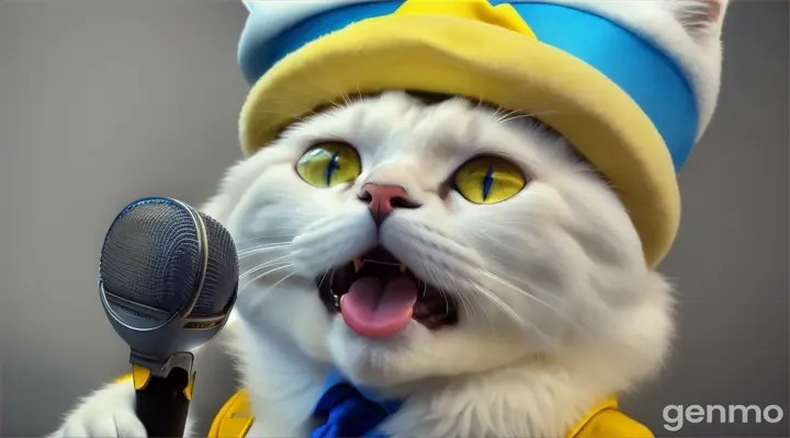 Realistic white cat sings with his mouth open, clear detail, blue eyes, he is wearing a yellow suit and a blue beret