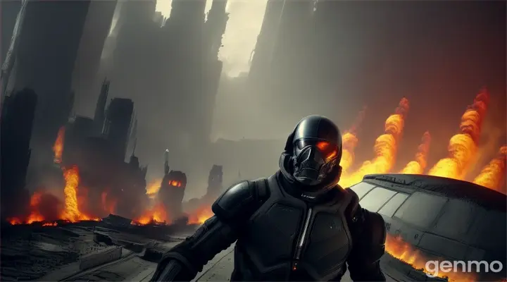 a diying man dressed with a black tight spacesuite under the wreckage of a crashed spaceship under flame between alien's buildings in ruins