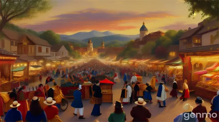 Renaissance fair in full swing at golden hour, lively and richly detailed, digital painting