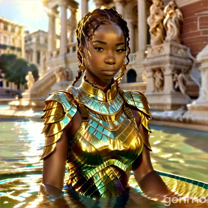 a woman in a golden outfit in a pool of water