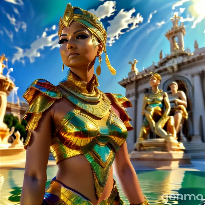 a woman in a gold costume standing in front of a fountain