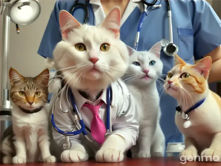  a doctor cat is treating her 7 pation cats