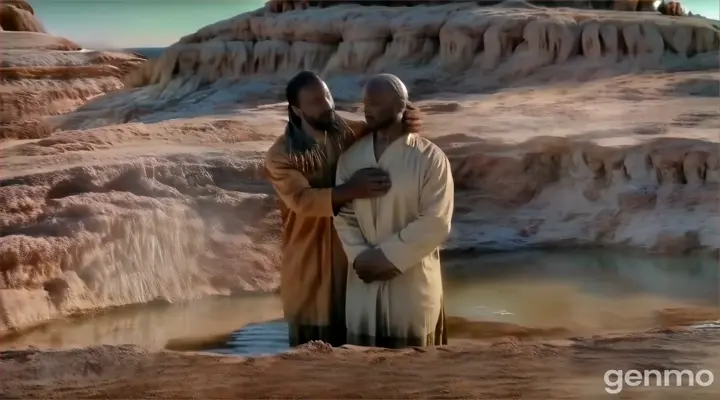 a man and a man standing in a body of water for baptism in high resolution,high quality,realistic detail