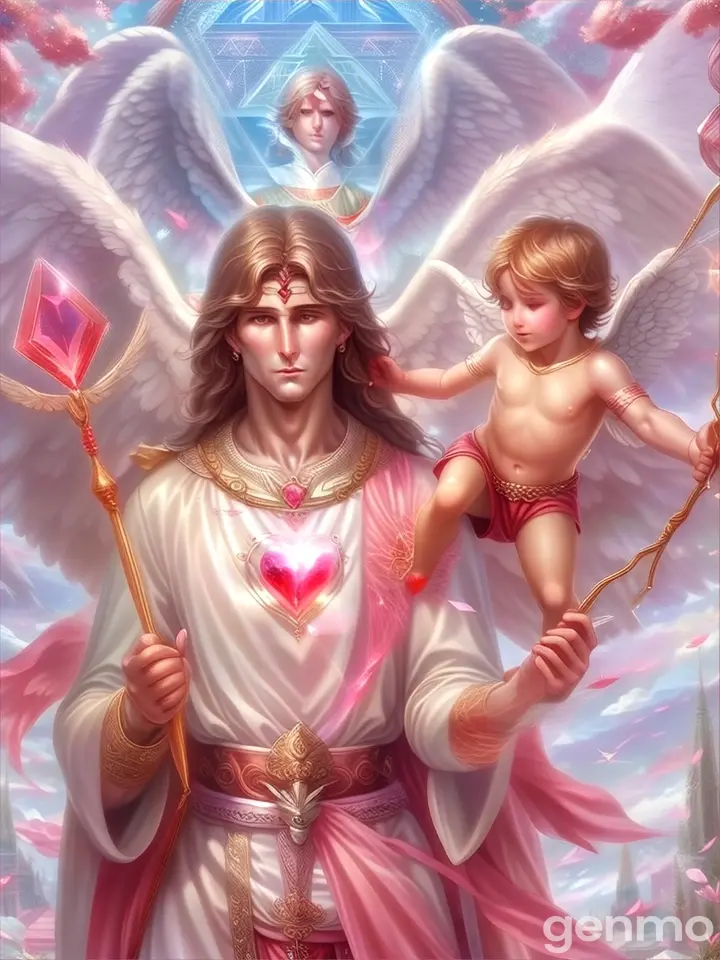 An illuminated, stained-glass angel with a glowing aura embracing a figure amidst ethereal clouds with gentle sun rays